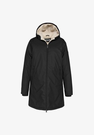 Schwarzer Wintermantel mit Kapuze, gefüttert mit cremigem Fleece, Frontreißverschluss und Reißverschlusstaschen, entwickelt für kaltes Wetter.