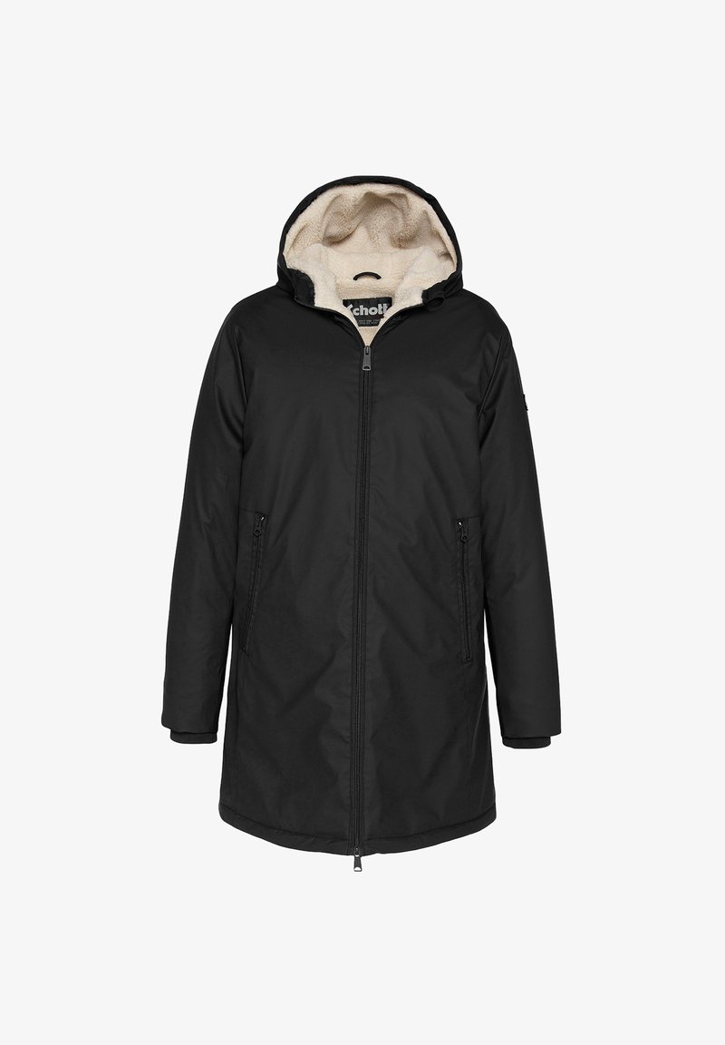Schwarzer Wintermantel mit Kapuze, gefüttert mit cremigem Fleece, Frontreißverschluss und Reißverschlusstaschen, entwickelt für kaltes Wetter.