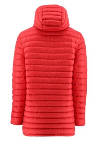 Rode pufferjack met een horizontaal gestikt patroon, voorzien van een capuchon en een gladde textuur. Het ontwerp bevat elastische manchetten en een rechte zoom.