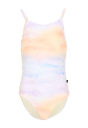 Maillot de bain une pièce tie-dye pastel avec fines bretelles, présentant des nuances douces d'orange, de violet et de bleu sur fond blanc.