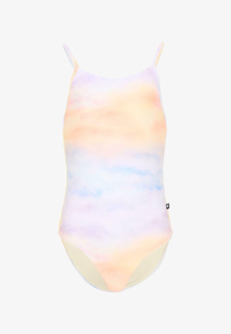 Maillot de bain une pièce tie-dye pastel avec fines bretelles, présentant des nuances douces d'orange, de violet et de bleu sur fond blanc.