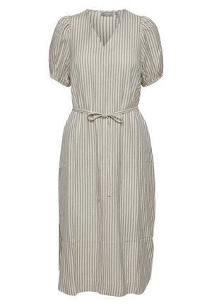 Ribade kleit heledas beežis ja koores, millel on v-kaelus, lühikesed puhvärvid, vöökoht ja küljetaskud. Tekstuuriga kangas.