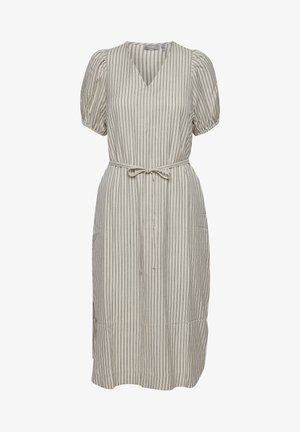 Ribade kleit heledas beežis ja koores, millel on v-kaelus, lühikesed puhvärvid, vöökoht ja küljetaskud. Tekstuuriga kangas.