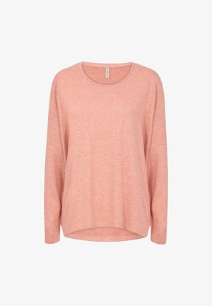 Langärmeliger, leichter Pullover in zartem Rosa mit rundem Ausschnitt und asymmetrischem Saum. Glatte Textur mit dezentem Melange-Muster.