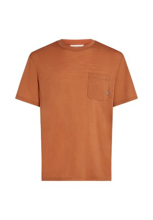 Kurze Ärmeln, orange T-Shirt aus weichem Stoff, mit einer Brusttasche auf der linken Seite und einem Rundhalsausschnitt.
