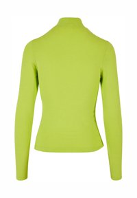 Langermet topp i lys grønn, med høy hals og tettsittende design. Laget av et glatt, elastisk stoff uten synlige mønstre.