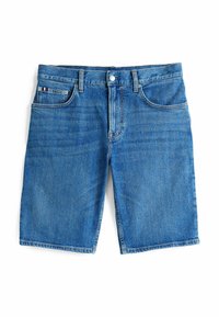 Blauwe denim shorts met een klassieke vijf-pocket ontwerp, een metalen knoopsluiting en zichtbare stikseldetails.