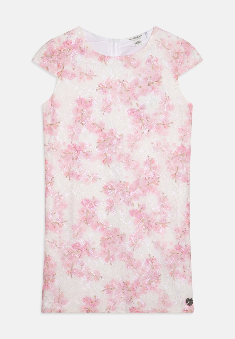 Robe fleurie en dentelle blanche avec des imprimés de fleurs roses, manches courtes style cache-épaule et fermeture éclair au dos.
