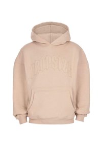 Sweat à capuche beige avec une poche avant et le texte en relief "Dropsize" brodé dans une police gothique sur la poitrine.