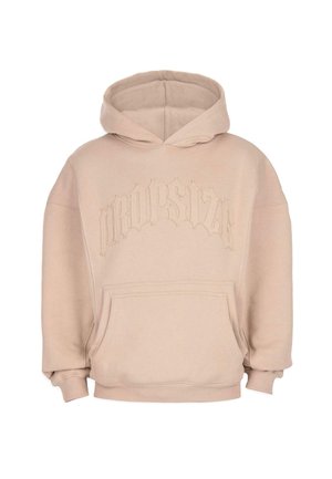 Beige Kapuzenpullover mit einer vorderen Taschenöffnung und erhabenem gesticktem Text "Dropsize" in gotischer Schrift über der Brust.