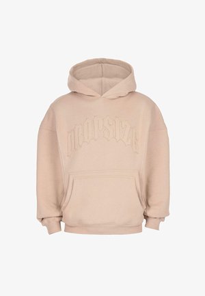 Beige Kapuzenpullover mit einer vorderen Taschenöffnung und erhabenem gesticktem Text "Dropsize" in gotischer Schrift über der Brust.