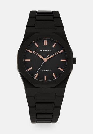 Sort polycarbonat ur med et oktagonalt urkasse, sort urskive, roseguld markører og leddarmbånd. Klart display med minimalistisk design.