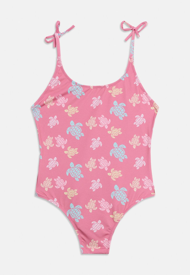 Ροζ ολόσωμο μαγιό με ρυθμιζόμενους δεσίματα στους ώμους, με πολύχρωμο μοτίβο χελωνών σε αποχρώσεις του μπλε, κίτρινου και λευκού.