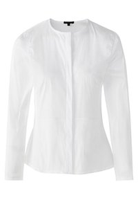 Valkoinen pitkähiha shirt, jossa on pyöreä kaula-aukko, napitettava etuosa ja hyvin istuva leikkaus; valmistettu sileästä, kevyestä kankaasta.
