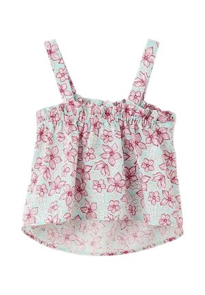 Kvetinový tielkový top s svetlomodrým pozadím, vzorom červených kvetov, nazberaným výstrihom a nastaviteľnými ramienkami. Ľahká tkanina, voľný strih.