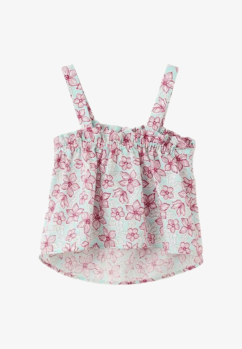 Haut sans manches à motif floral sur fond bleu clair, motif de fleurs rouges, encolure froncée et bretelles ajustables. Tissu léger, coupe décontractée.
