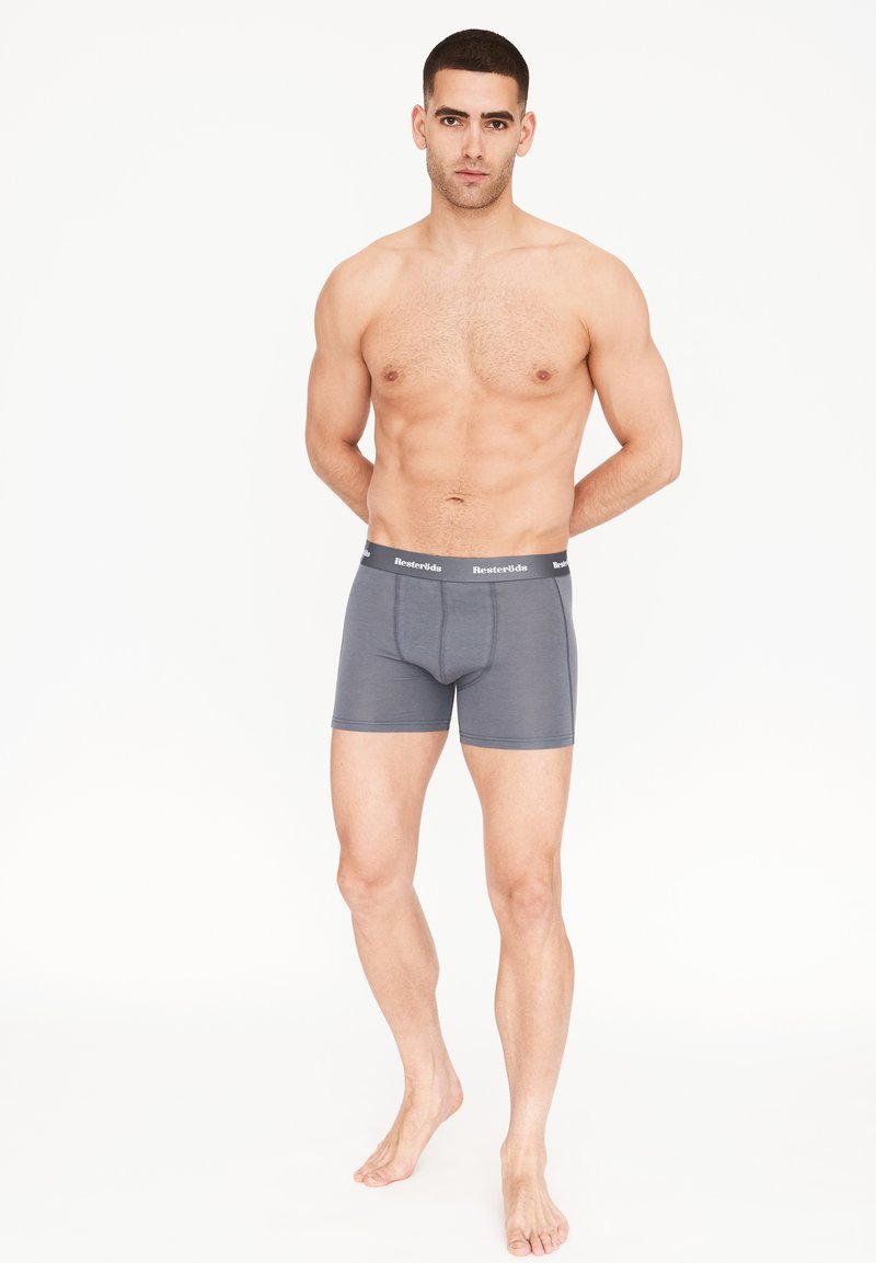 Boxers gris con una cinturilla negra que presenta texto blanco. Tejido suave con un diseño ajustado, costura delantera y longitud hasta medio muslo.