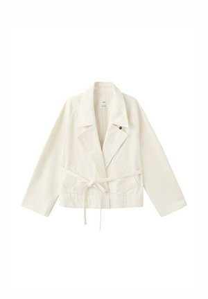 Off-white belted jacket with wide lapels, long sleeves, and front patch pockets, displayed flat on a white background.