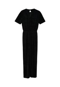 Zwart fluwelen jumpsuit met korte mouwen, voorzien van een tailleband, een sleutelgatdetail aan de achterkant en een verspreid patroon van witte stippen.