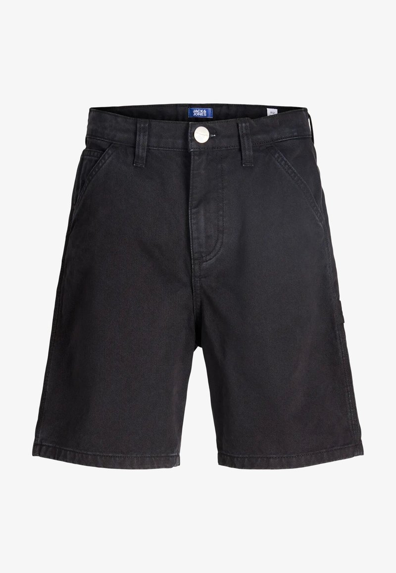 Zwarte denim shorts met een klassieke snit, vijf zakken, een knoopsluiting aan de voorkant en subtiele stikseldetails. Geen zichtbare patronen of versieringen.