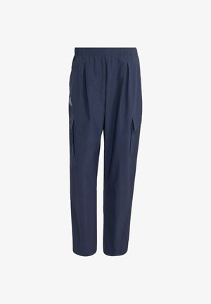 Námořnicky modré kalhoty do práce s elastickým pasem a bočními chlopňovými kapsami, zobrazené na jednobarevném bílém pozadí.