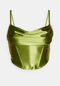 Camisole in satin verde con spalline sottili, caratterizzata da un collo drappeggiato e dettagli di cucitura strutturati per una silhouette aderente.
