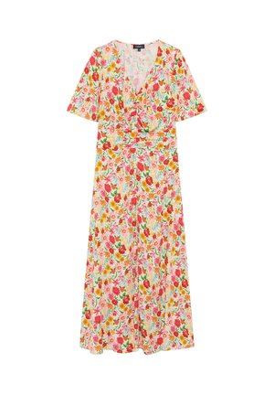 Robe midi fleurie à manches courtes, col en V, taille cintrée, avec des fleurs rouges, roses et orange sur fond blanc.