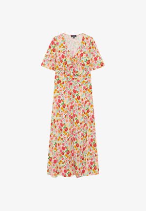 Robe midi fleurie à manches courtes, col en V, taille cintrée, avec des fleurs rouges, roses et orange sur fond blanc.