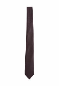 Cravate marron foncé avec un motif texturé, présentant une forme allongée classique et une pointe. Fini en tissu lisse.