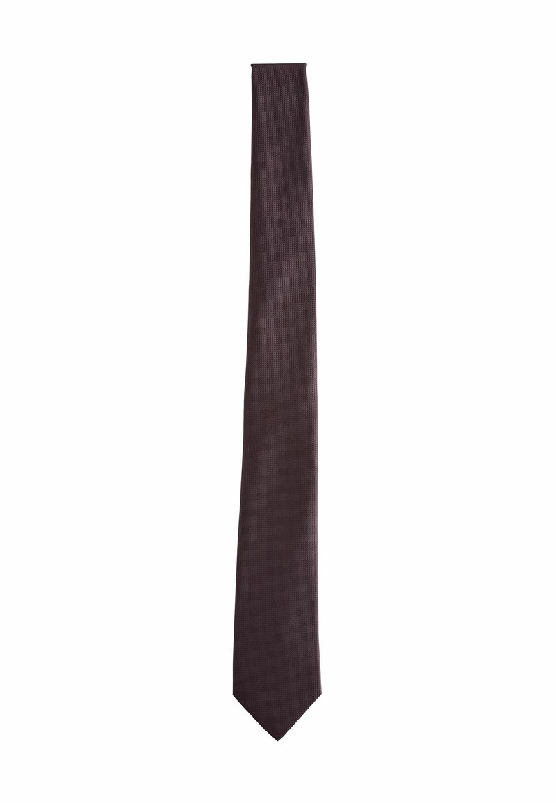 Cravate marron foncé avec un motif texturé, présentant une forme allongée classique et une pointe. Fini en tissu lisse.