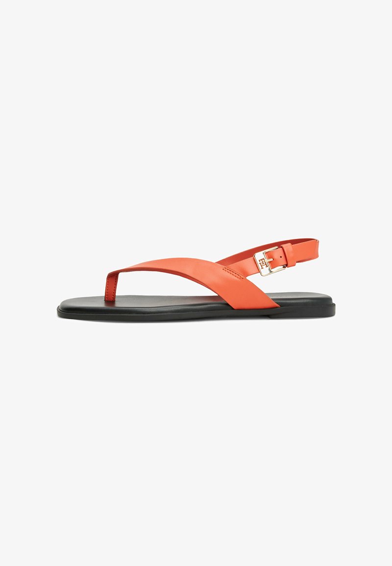 Orange leather sandals with a flat black sole, featuring a T-strap design, a buckle ankle strap, and smooth texture.