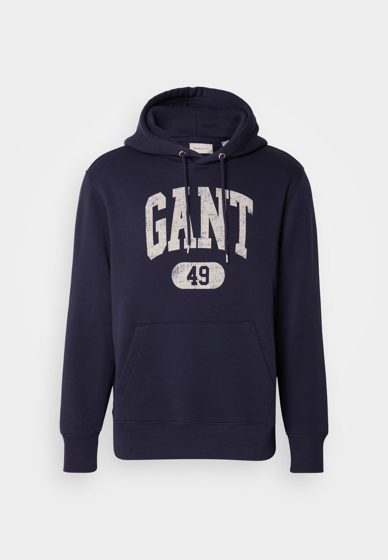 Felpa con cappuccio blu navy in misto cotone. Presenta una tasca a marsupio anteriore, una stampa testurizzata bianca "GANT 49" e un cappuccio con laccio.