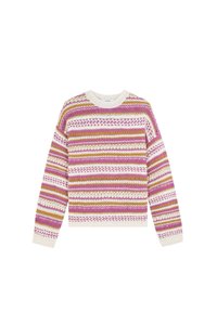 Pull en tricot avec un col rond, orné de rayures multicolores en rose, or et blanc, avec des motifs texturés sur l'ensemble.