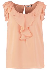 Peachfarvet ærmeløs bluse med flæser omkring halsudskæringen og skuldrene, lavet af et glat og let stof. Lukning på ryggen.