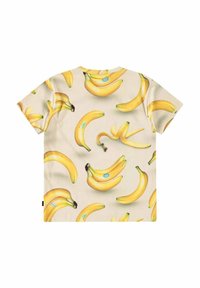 Kortærmet t-shirt i beige stof med et gentagende bananprint. Designet inkluderer forskellige bananformer og farver.