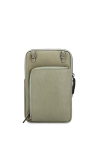 Small rectangular olive green crossbody bag with front zipper pocket and silver D-ring attachments on top.