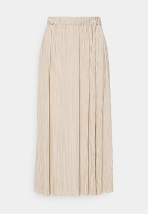 Jupe midi plissée en beige clair avec une taille élastique. Fabriquée à partir d'un tissu léger, elle présente des plis verticaux pour apporter de la texture.