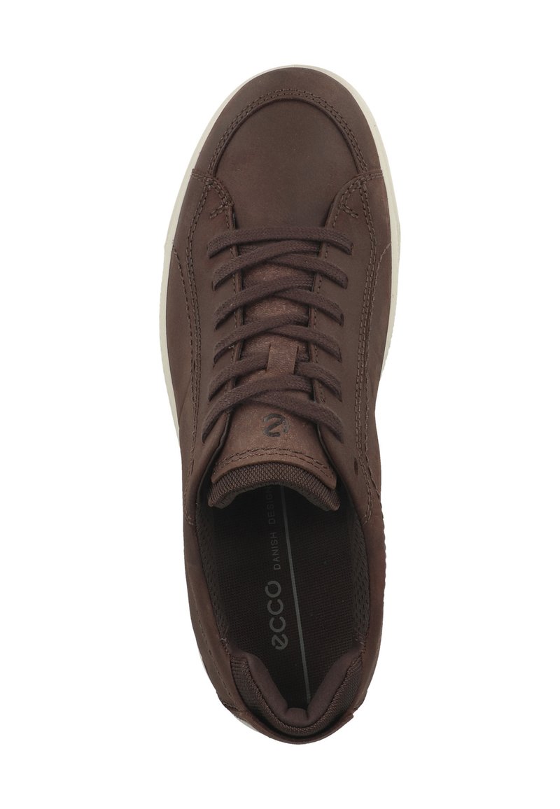 Brązowe skórzane sneakersy z sznurowanym zapięciem, okrągłym noskiem, wyściółką w kołnierzu oraz teksturowaną gumową podeszwą. Zawierają logo na wkładce.