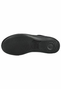 Black rubber shoe sole with a textured tread pattern, featuring curved grooves and a circular heel accent. Reinforced sides for durability.