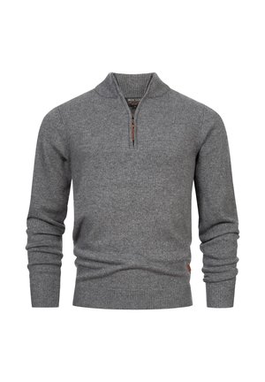 Maglione grigio con colletto a zip, polsini e orlo a coste, caratterizzato da un motivo a maglia testurizzata e una piccola etichetta del marchio tessuta sul lato.