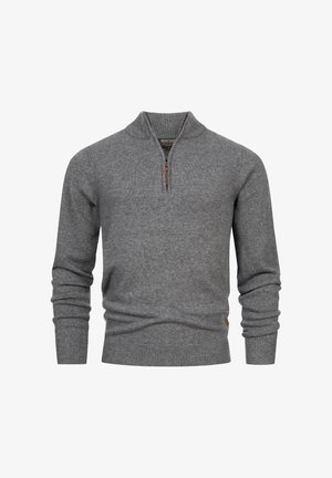 Maglione grigio con colletto a zip, polsini e orlo a coste, caratterizzato da un motivo a maglia testurizzata e una piccola etichetta del marchio tessuta sul lato.