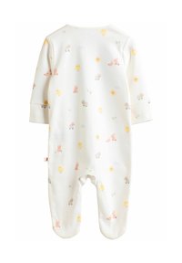 Hvid baby romper med lange ærmer, der har pastelfarvede dyre- og solmønstre. Fremstillet af blødt stof med foddesign og trykknaplukning ved halsen.