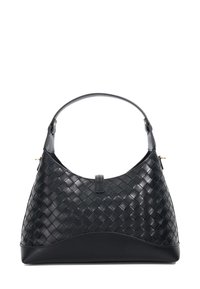Woven black leather handbag with a rounded silhouette, a single matching handle, and a smooth base. Features gold-tone hardware accents.