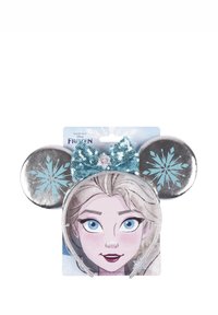 Fascia a tema Frozen con orecchie argentate, fiocco blu con paillettes e faccia di Elsa stampata. Presenta motivi di fiocchi di neve sui cuscinetti delle orecchie.