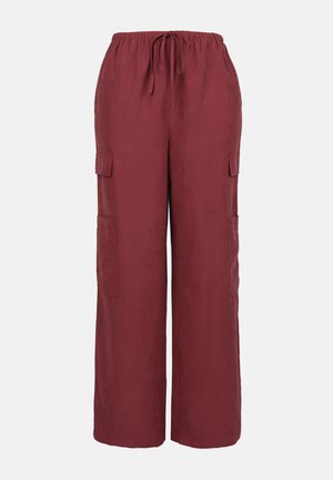 Pantaloni de tip cargo burgundy, dintr-un material ușor, cu talie ajustabilă prin șnur, picioare late și două buzunare laterale cargo.