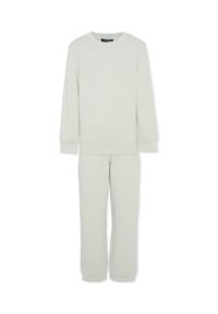 Jasnoszary komplet z bluzy i pasujących dresów. Wykonany z miękkiego materiału z prążkowanymi mankietami i pasem. Bluza ozdobiona jest wypukłym napisem.