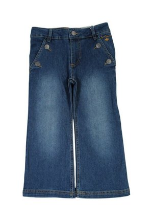 Culottes en jean avec une teinte bleu marine délavée, dotées de deux poches avant, de quatre boutons décoratifs et d'une coupe à jambes larges.