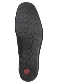 Semelle de chaussure en caoutchouc noir avec surface texturée présentant des motifs circulaires et rectangulaires, taille marquée comme 42, logo au talon.