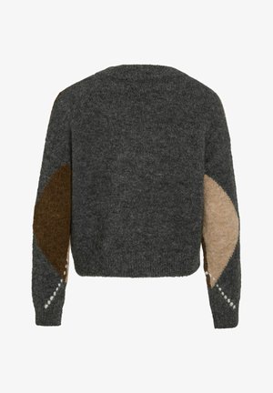 Szary dziany sweter o skróconym fasonie, z brązowymi i beżowymi akcentami w stylu color-block na rękawach oraz okrągłym dekoltem. Tekstura jest miękka.