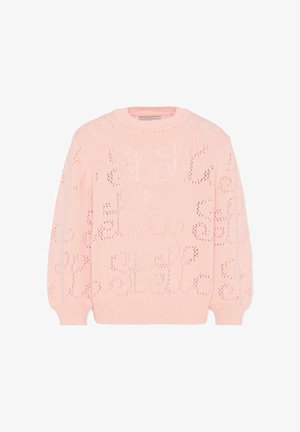 Maglione rosa lavorato a maglia con scollo rotondo, caratterizzato da un motivo traforato e un motivo testuale ripetuto. Maniche lunghe, texture morbida.